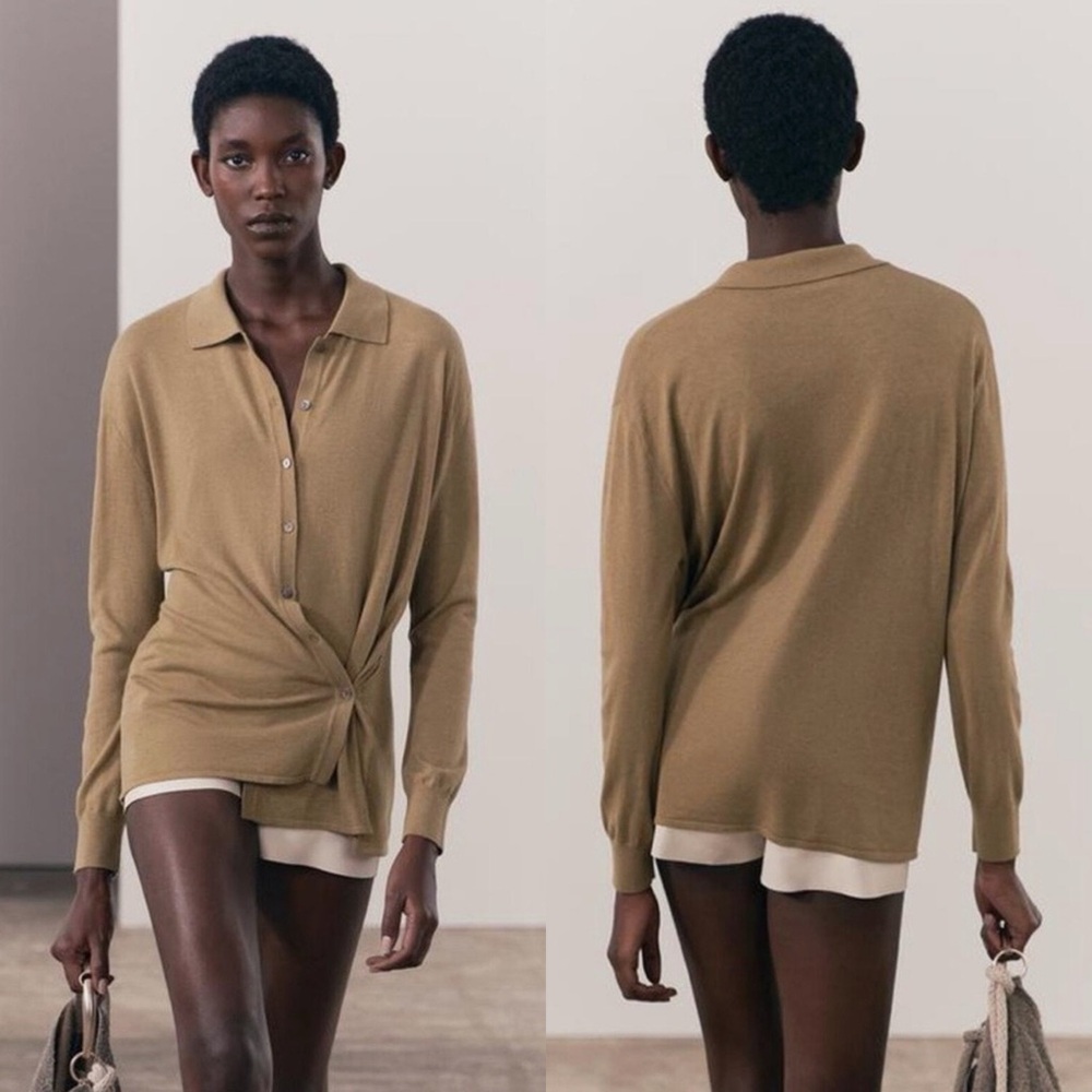 ZARA LIGHT BROWN SIDE BUTTON JUMPER CARDIGAN SWEATER COLLARED POLO KNIT CARDIGAN